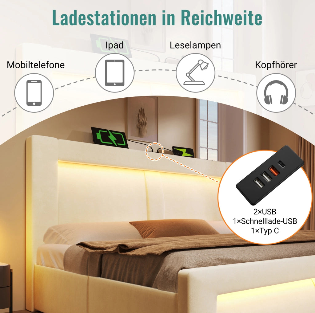 Letto imbottito con contenitore 180x200 cm, LED, USB e Type‑C