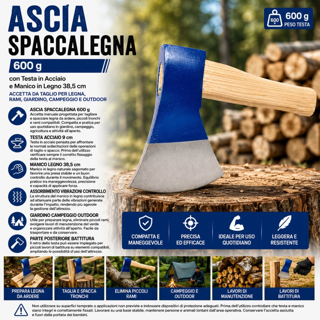 Ascia Spaccalegna 600 g Manico Legno 38,5 cm Accetta Da Esterno 02151