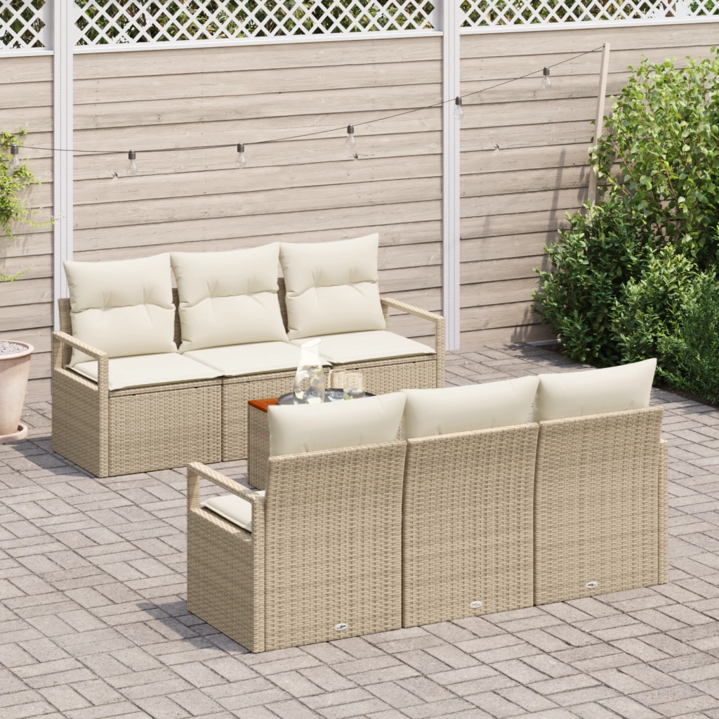 Set Divano da Giardino  7 Pezzi con Cuscini Beige Polyrattan Acacia