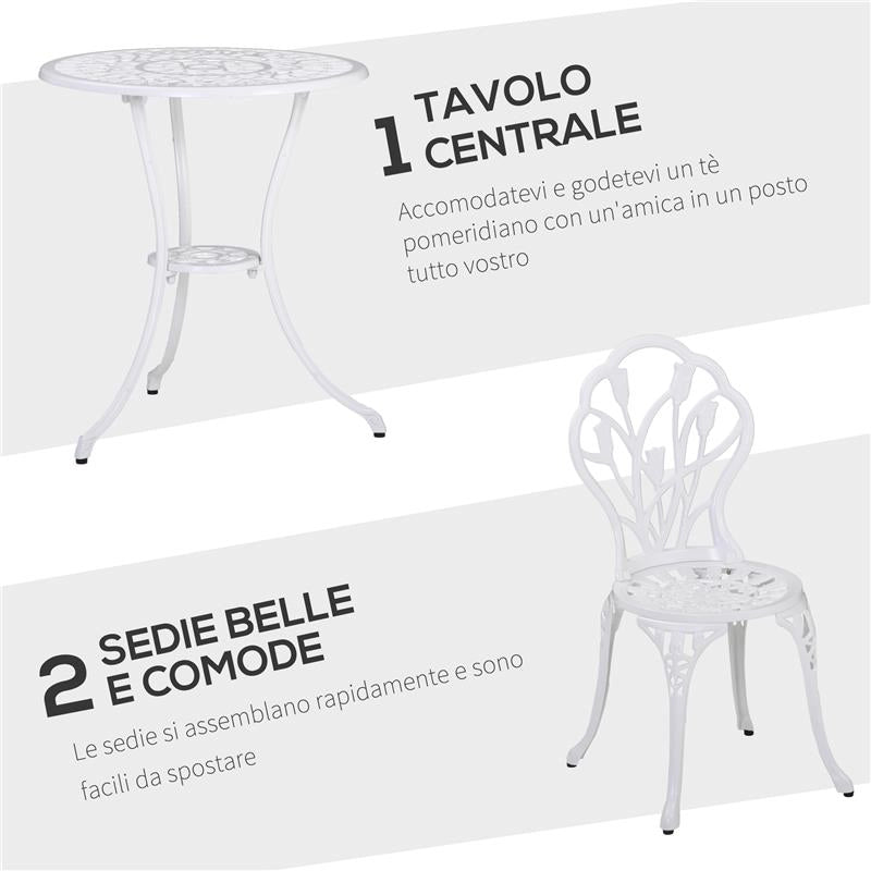 SET DA GIARDINO 3 PEZZI IN ALLUMINIO CON 2 SEDIE 42.5X47.5X89 CM E TAVOLINO ROTONDO Ø60X67 CM, BIANCO