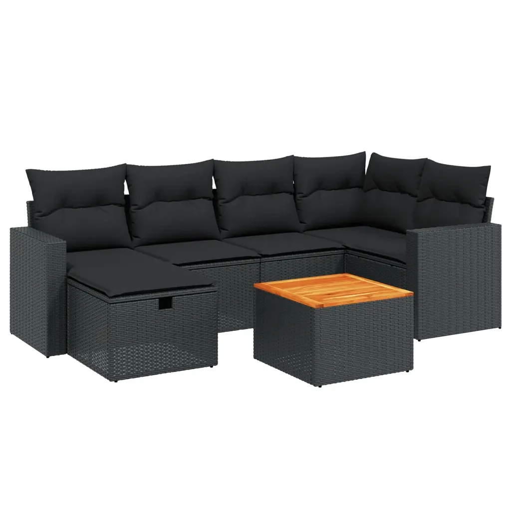 Set Divani da Giardino con Cuscini 7pz Nero Polyrattan