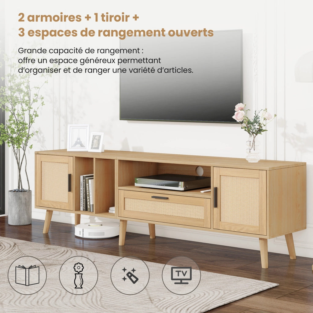 Mobile TV con 2 Ante; 1 Cassetto e 3 Vani Aperti; con Gestione Cavi; in Pannello Truciolare; 180¡Á40¡Á55 cm; Rovere