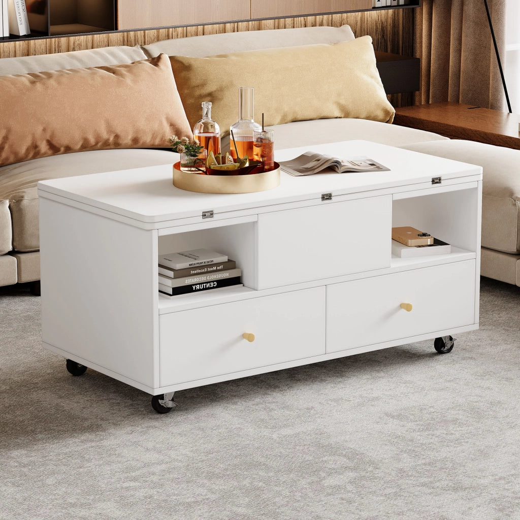 Tavolino Da Salotto Sollevabile con 4 Cassetti e Piano Ribaltabile; Idraulico; Stile Moderno; in MDF; 100×50×47;5 cm; Bianco
