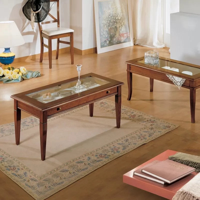 Tavolino bacheca 1 cassetto piano vetro legno bassano 100x50x48 - Mobili 2G