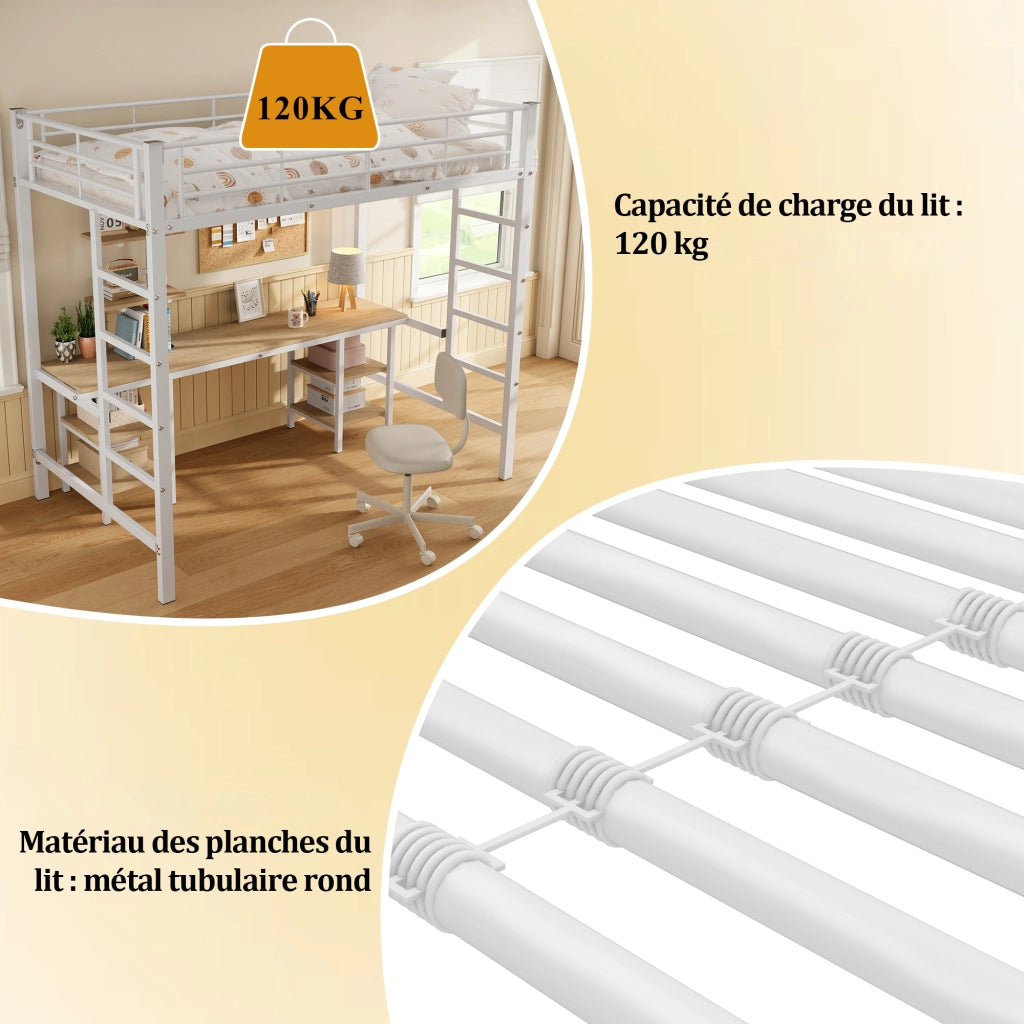 Letto a Soppalco Letto Singolo con Scrivania; Scaffali e Sponda; 90×200 cm; senza Materasso; Metallo e MDF; Bianco