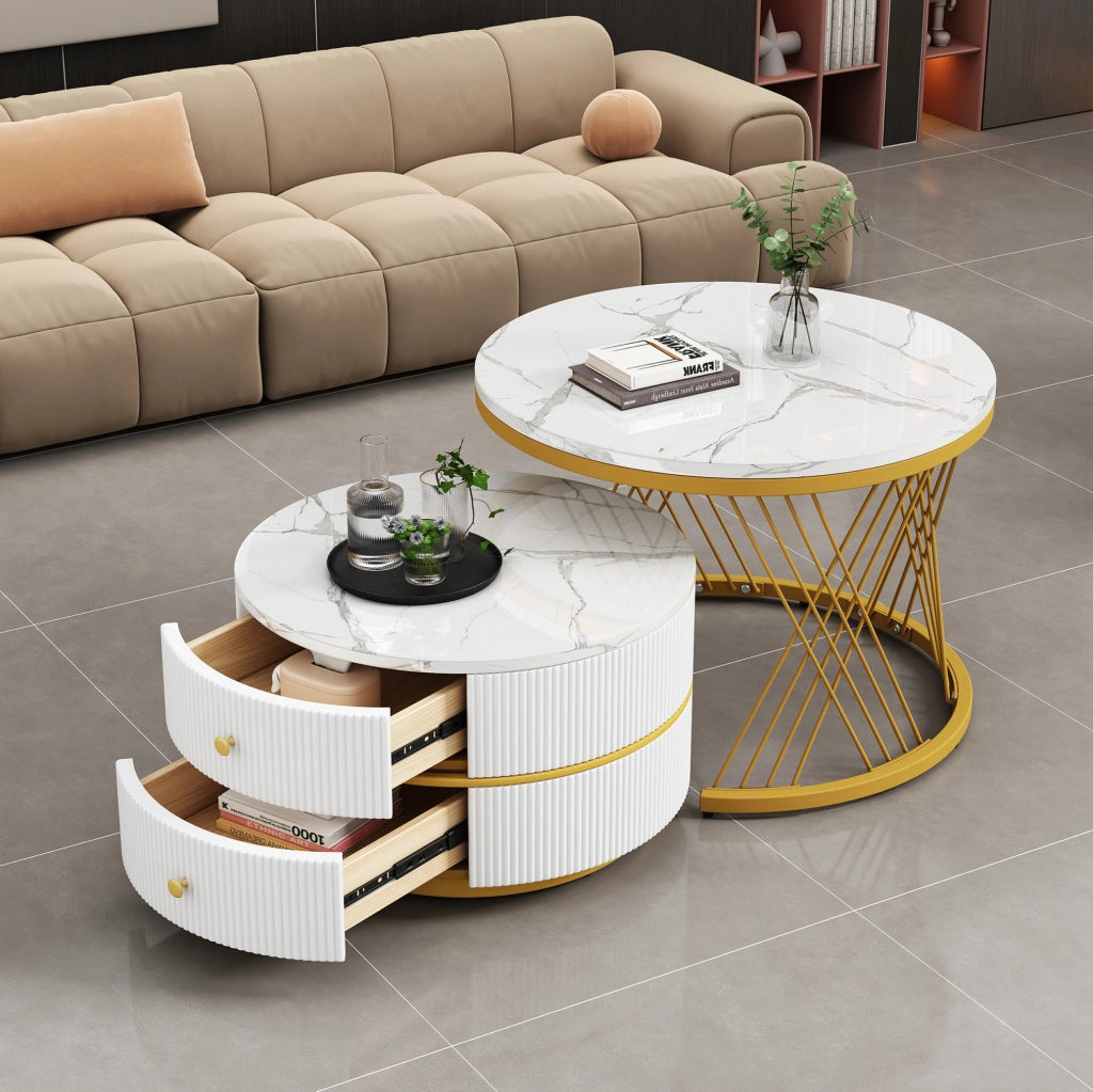 Set 2 tavolini rotondi da salotto MDF bianchi effetto marmo con 2 cassetti