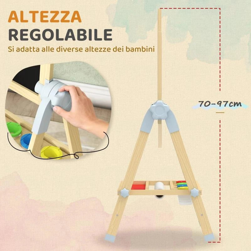 CAVALLETTO PER BAMBINI DOPPIA LAVAGNA PER GESSO E PENNARELLI, LAVAGNETTA MAGNETICA E ROTOLO DI CARTA, LEGNO