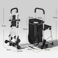 Carrello della Spesa 46x59.5x97 cm con Borsa da 40L Impermeabile e Sedile in Alluminio Nero e Argento