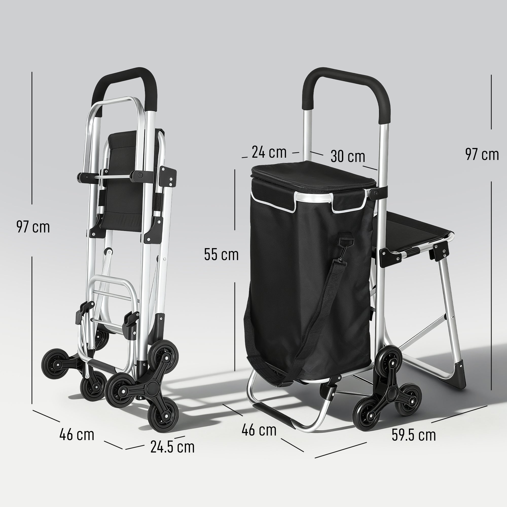 Carrello della Spesa 46x59.5x97 cm con Borsa da 40L Impermeabile e Sedile in Alluminio Nero e Argento