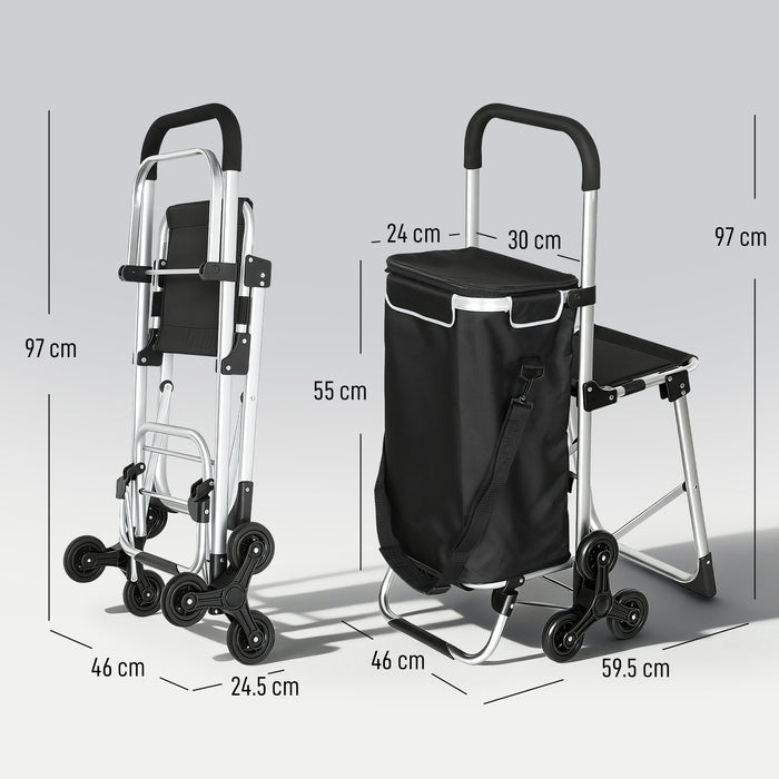 Carrello della Spesa 46x59.5x97 cm con Borsa da 40L Impermeabile e Sedile in Alluminio Nero e Argento
