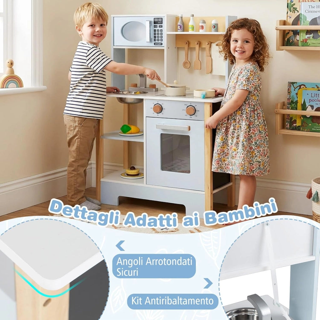 Cucina Giocattolo in Legno per Bambini, Set Cucina Gioco con Lavagna e Accessori Completi, Gioco di Finzione per Bambini 3+ Anni, 61,5 x 26 x 85 cm