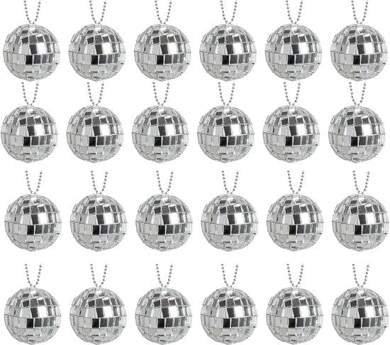 Disco Ballo Ø 3cm - 24 pezzi - Disco Ballo - Specchio a Bol - Con Fettuccia - Piccoli Palloncini di Natale - Disco Ballo Decorazione - Spazio Planetario Festa - Adatto per DJ, Club, Natale, San Valentino e Altre Occasioni - Argento