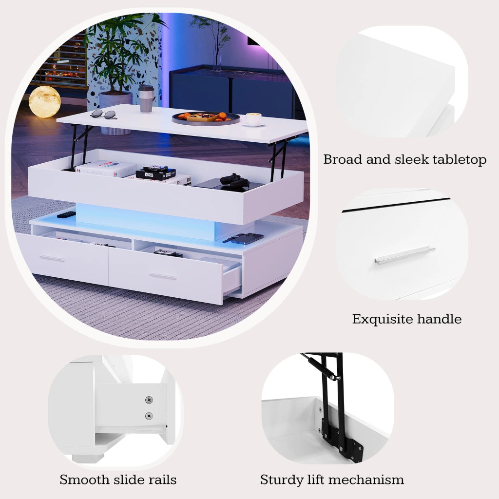 Tavolino da caffè con 2 cassetti; vano aperto e LED - per soggiorno - 100×50×44 cm