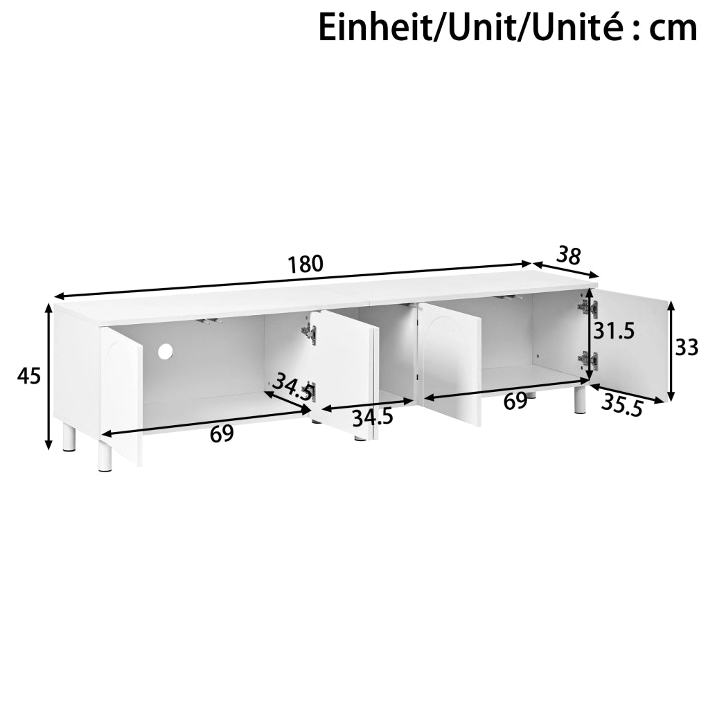 Mobile TV 180x38x45 cm con 5 ante e passacavi; gambe in metallo; in PB e MDF; bianco