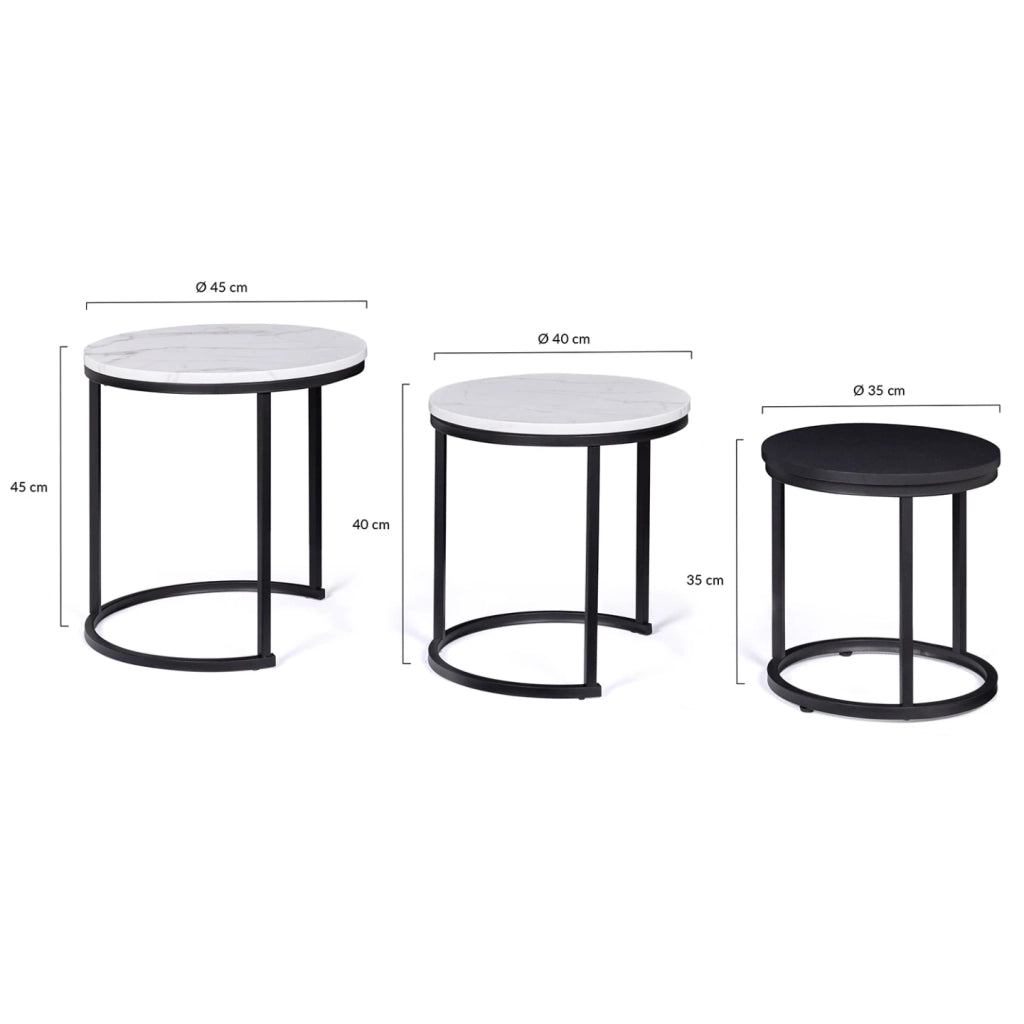 IDMarket - Set di 3 tavolini rotondi 35/40/45 effetto marmo e legno nero, base in metallo ALASKA