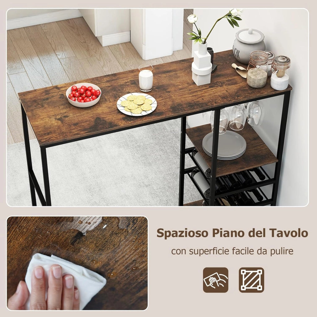Tavolo da Bar 121 x 41 x 105,5 cm, Angolo Bar per Casa con Scaffali di Stoccaggio, Portabottiglie e Portacalici, Tavolo Alto per Cucina, Soggiorno, Ristorante e Bistrò