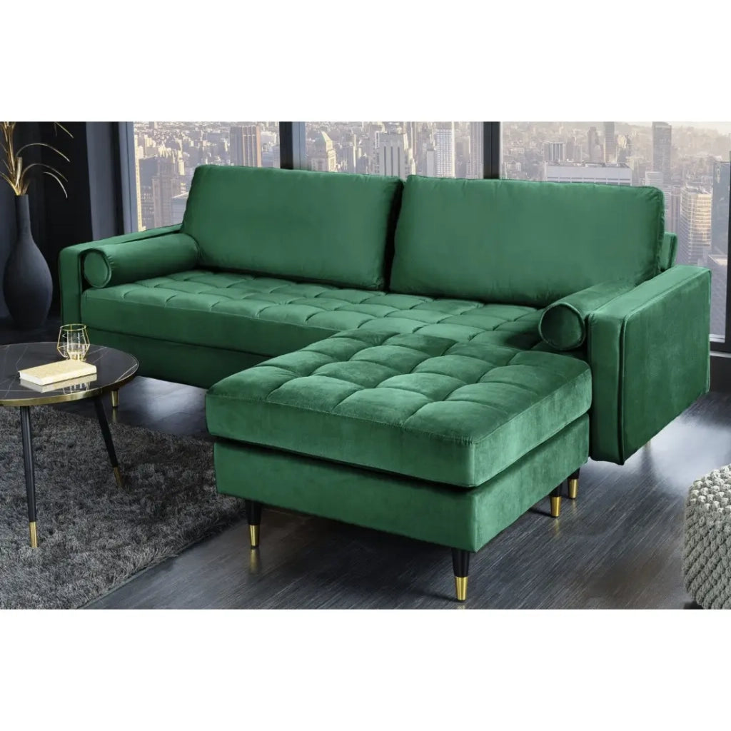 Divano ad angolo reversibile KOLIRI verde smeraldo - Divano design in velluto con pouf abbinato