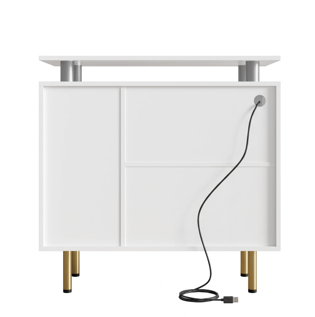 Credenza moderna bianca con ante in vetro, cassetti, illuminazione integrata e piedi rialzati