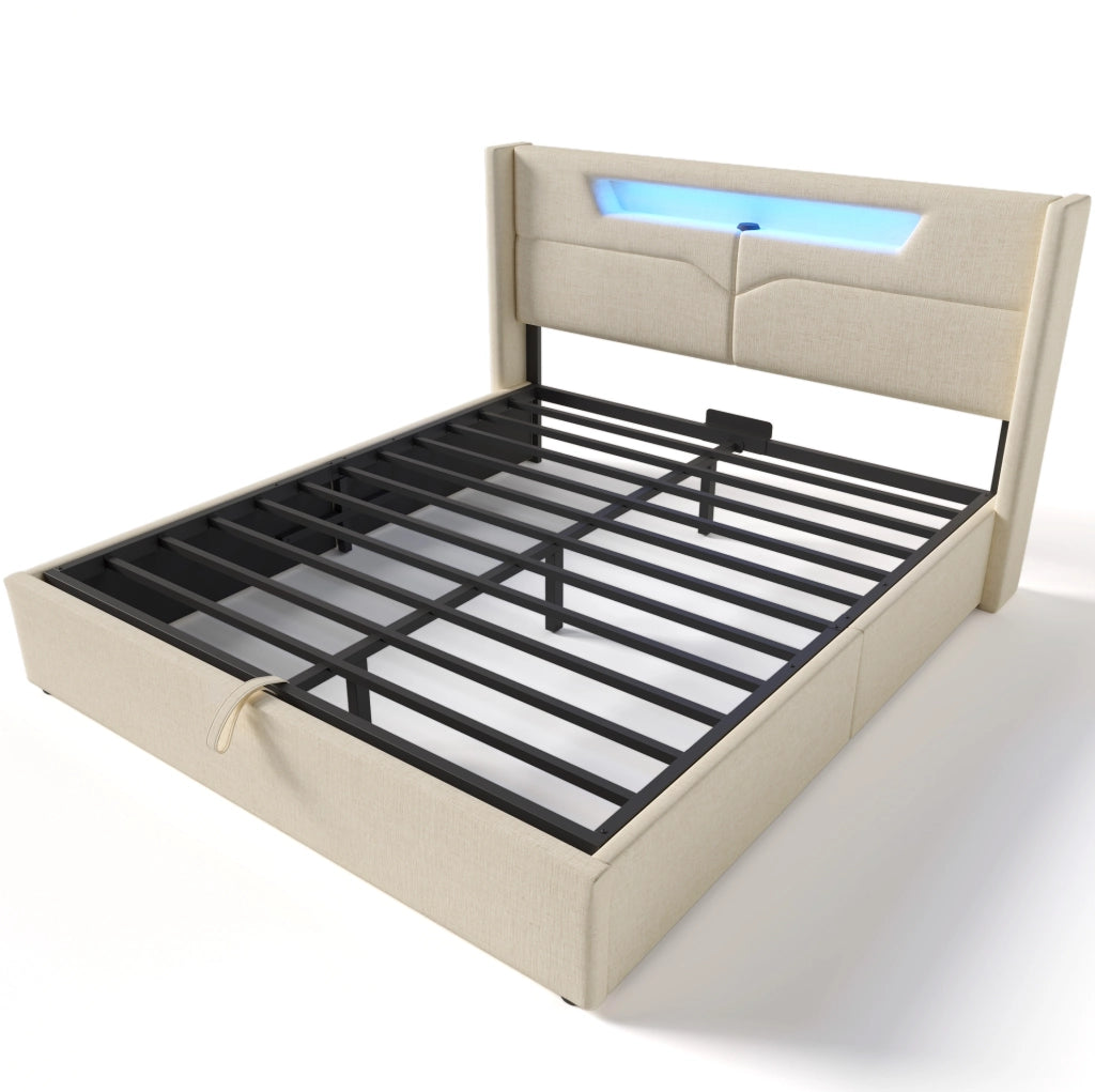 Letto matrimoniale 140x200 in lino beige con LED; USB Type-C e contenitore