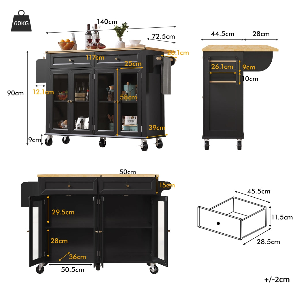 OKWISH Carrello da Cucina con Cassetto, Ripiani, Ante in Vetro e Piano Estensibile con Ruote, MDF, Nero