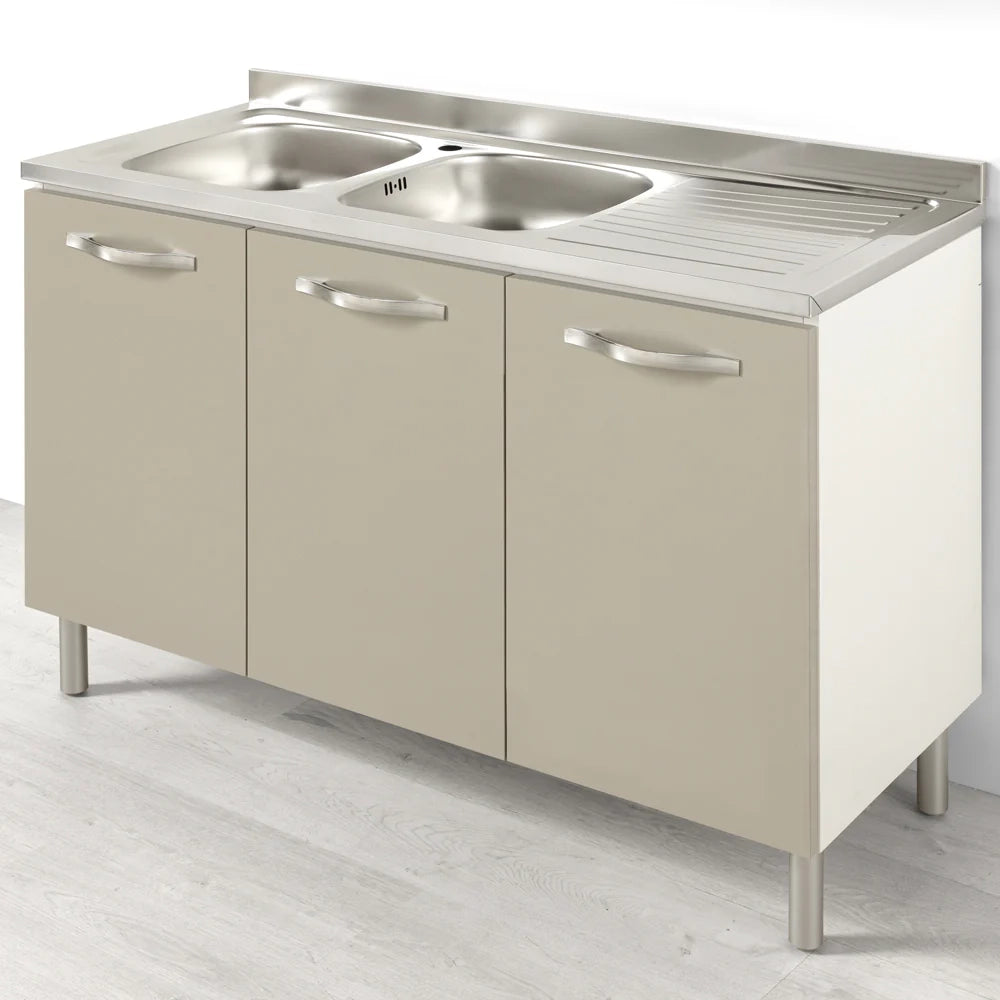 Sotto lavello per cucina componibile da 120 cm con 3 ante linea MAKA, realizzata in legno 100% MADE IN ITALY colore Tortora, con Lavello Vasche a Sinistra