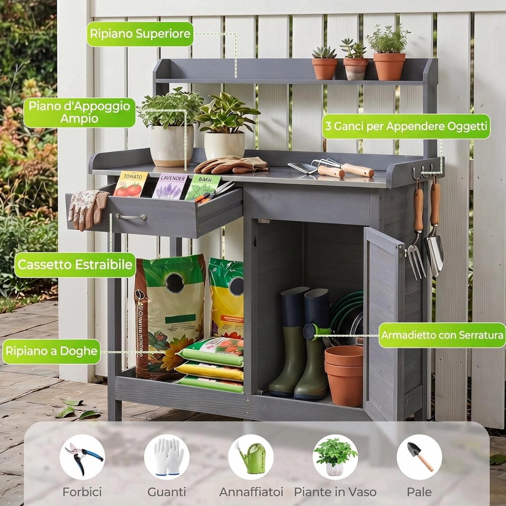 Tavolo da Giardinaggio in Legno con Piano in Acciaio (Grigio) | Tavolo per Piante con Ripiani Aperti, Armadietto, Cassetto e 3 Ganci, Banco da Lavoro per Giardino e Balcone, 112x46,5x125 cm