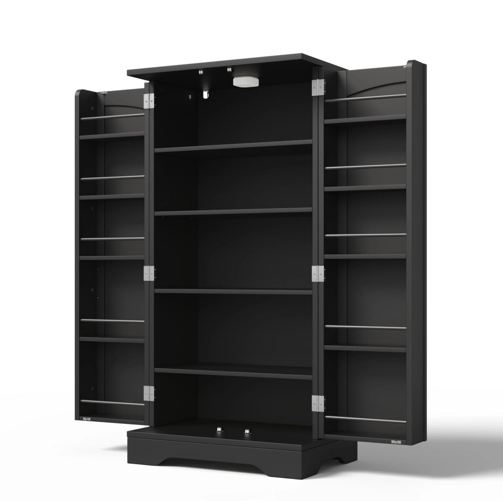 Credenza alta 120x60x40 cm con luce LED sensore; ripiani regolabili in MDF nero