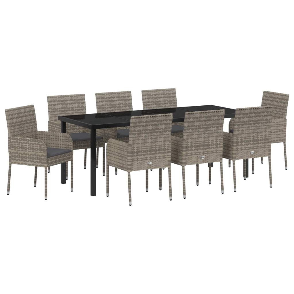Set da 9 Pezzi per pranzo da Giardino con Cuscini Grigio Polyrattan