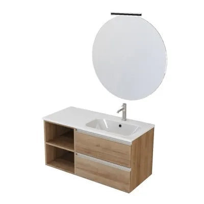 Mobile bagno sospeso 100 cm rovere miele con cassetti e vani a giorno completo di lavabo a destra e specchio contenitore Master