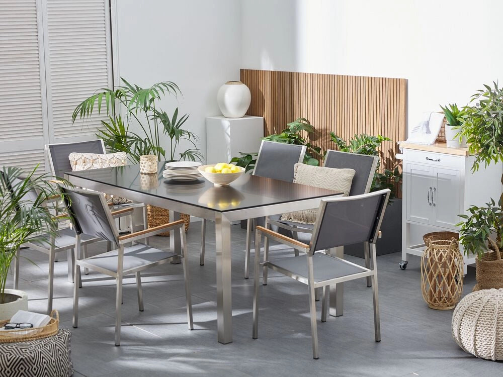 Set da pranzo da giardino grigio con piano in vetro Nero 6 posti 180 x 90 cm