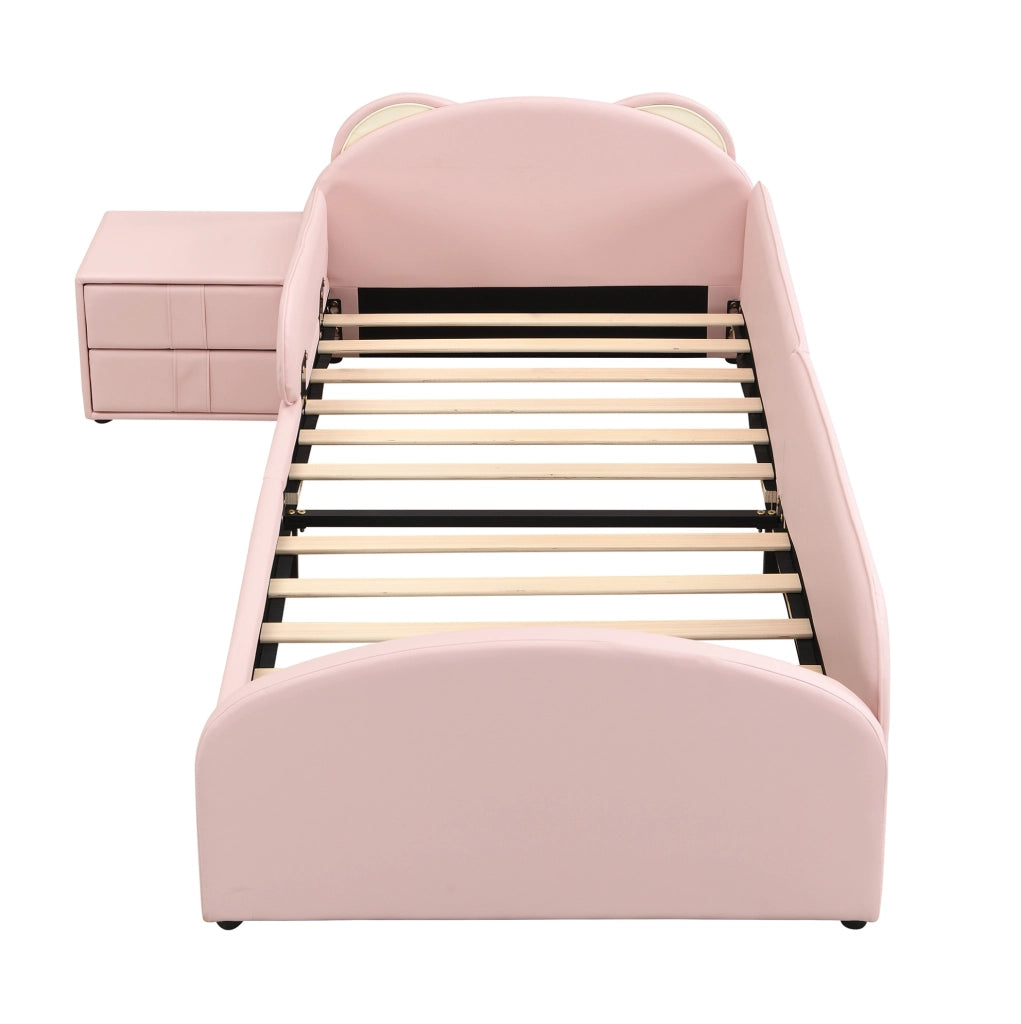 Letto imbottito 90x200 cm con testiera a forma di orso e comodino in PU rosa