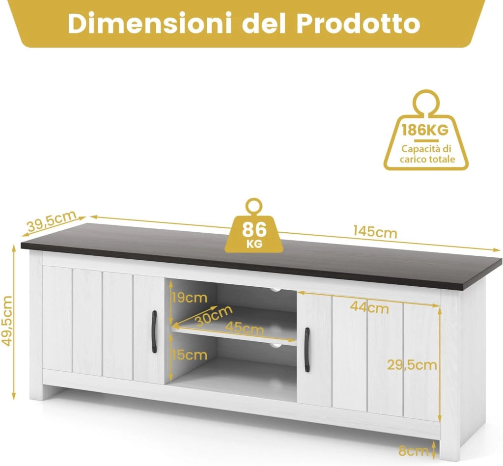 Mobile TV con 2 Ante per TV fino a 65", Mobile Porta TV in Legno con Ripiani Aperti, Mobile per TV in Legno per Soggiorno, 145 x 39,5 x 49,5 cm (Grigio Scuro)