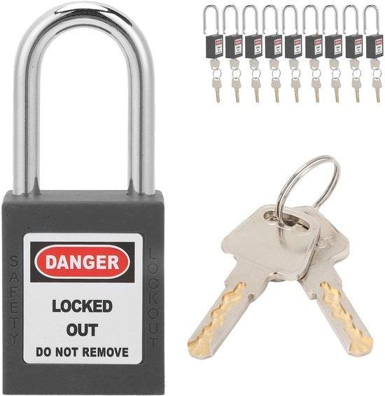 Sistema di Sicurezza 10 Set - Barra di Blocco in Acciaio - Resistente ai Colpi - Cintura in Nylon Rafforzato - Etichetta Descrivibile - Resistente al Calore - Cerniera da Appendere