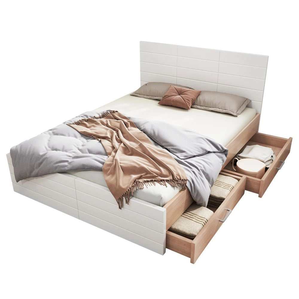Letto matrimoniale con materasso - Xylo - 140x200 cm - Bianco - Con 2 cassetti e rete a doghe
