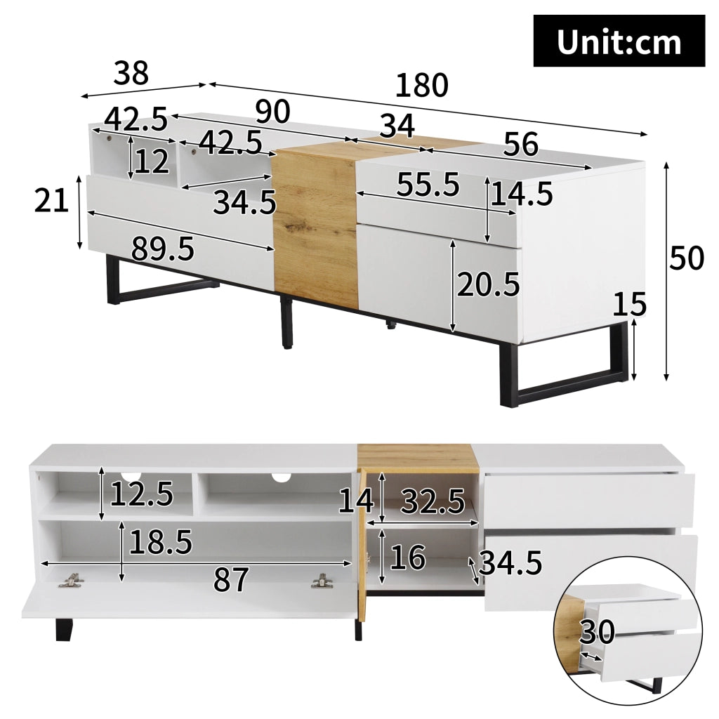Mobile TV moderno in bianco e legno - Zephmum- 180x50x38 cm design minimalista