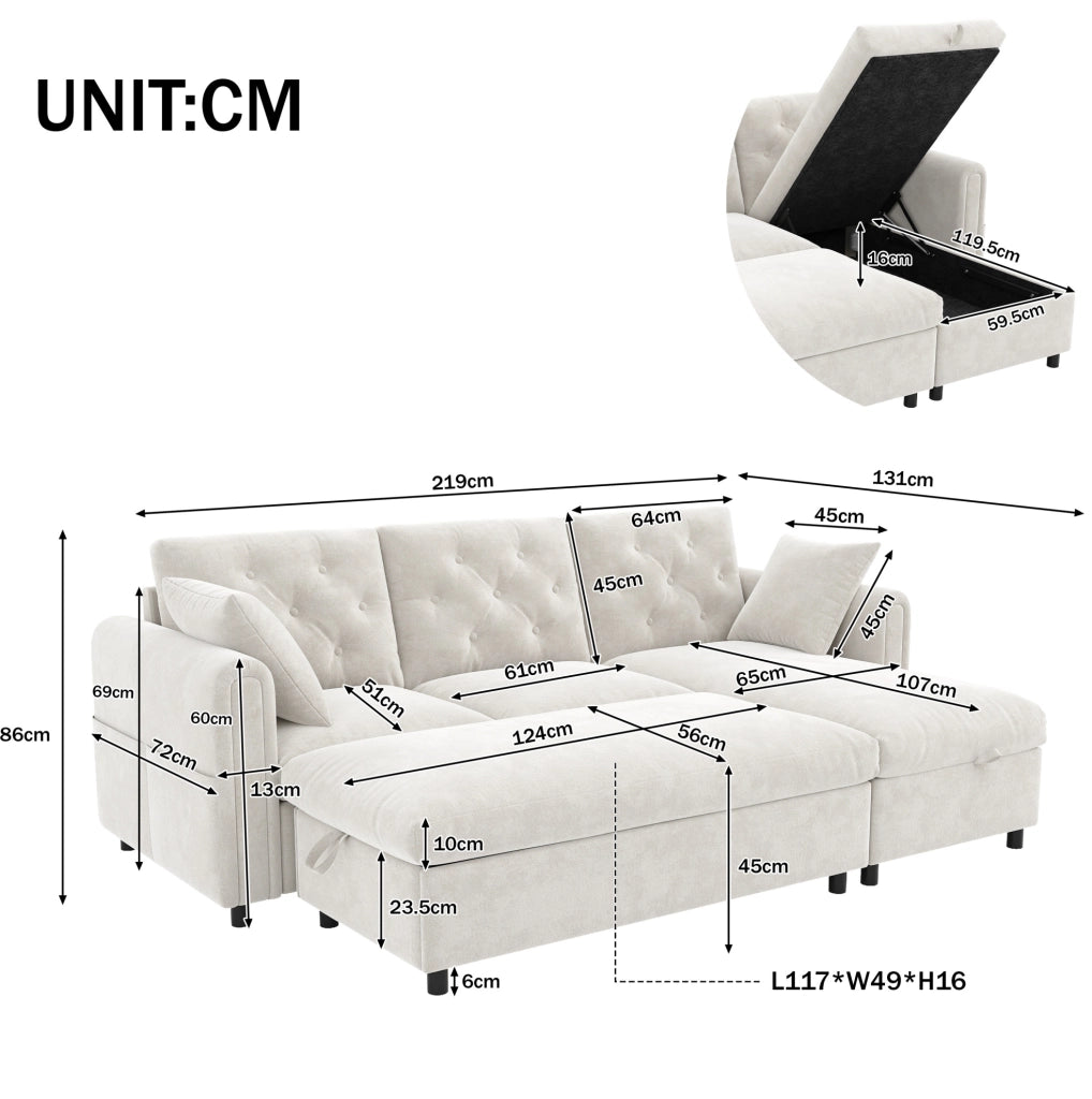 Divano con chaise longue e pouf contenitore; 219 x 131 x 86 cm; beige