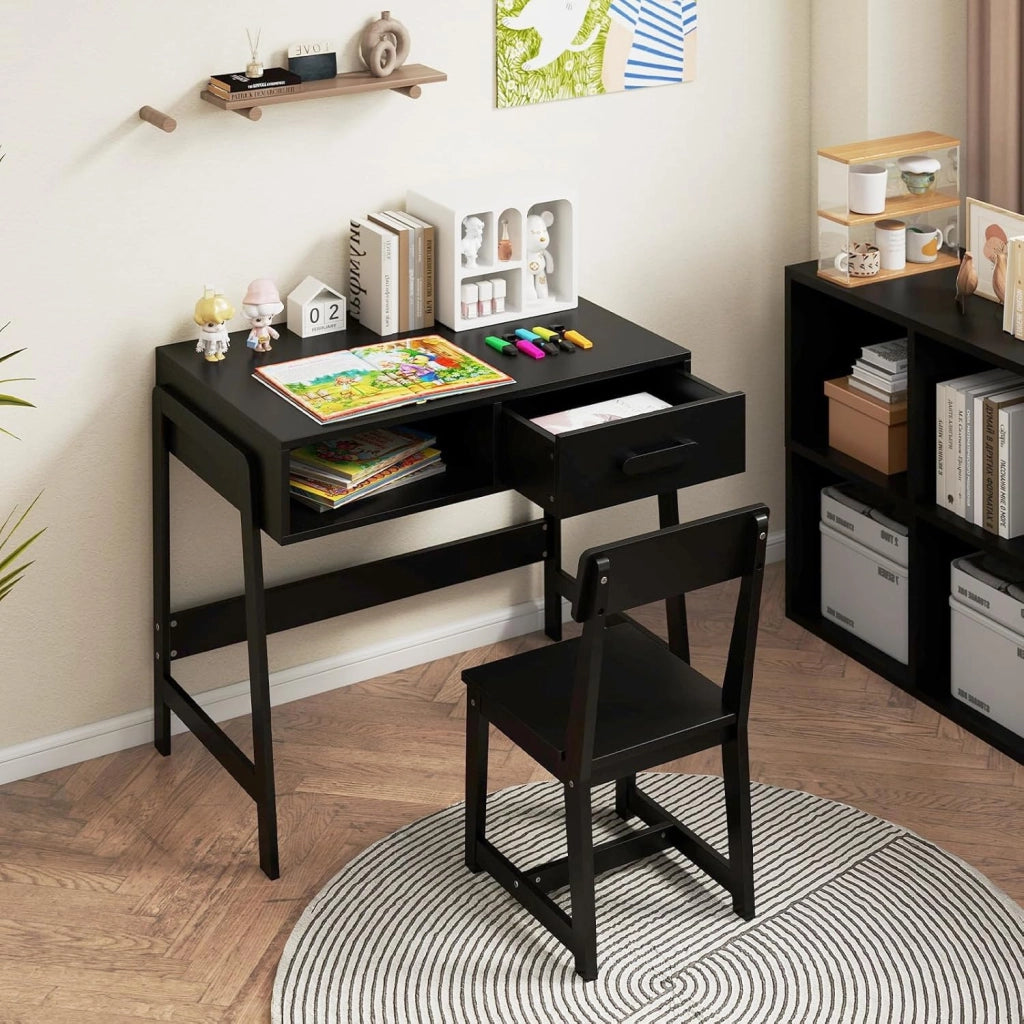 Set Tavolo e Seide per bambini in Legno, Scrivania e Sedia con Cassetto e Scomparto, Tavolino e Sedia per Cameretta, Soggiorno e Scuola (Nero)
