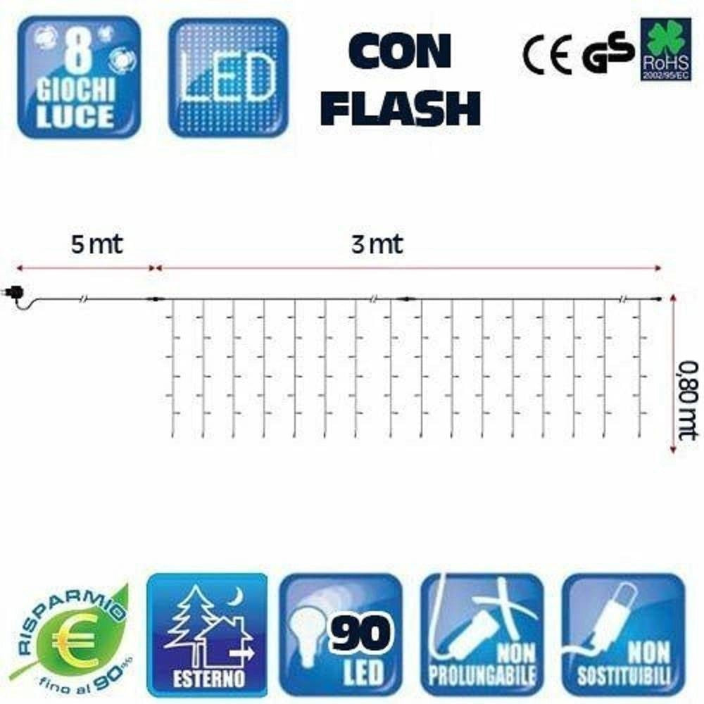 Trade Shop - Tenda Luminosa Natalizia 90 Led Luce Bianco Freddo 3 Metri Esterno Luci Cavo 5mt -