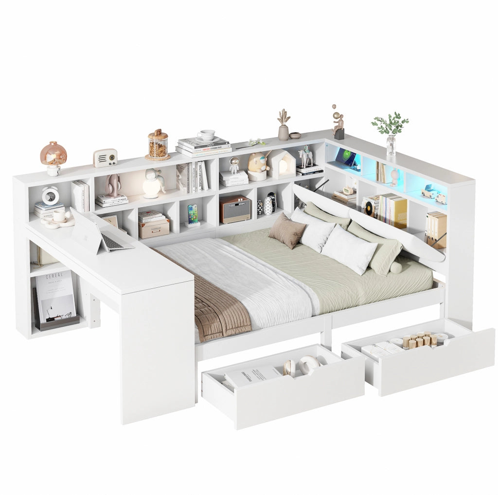 Letto a piattaforma a L 140x200 cm con scrivania e LED
