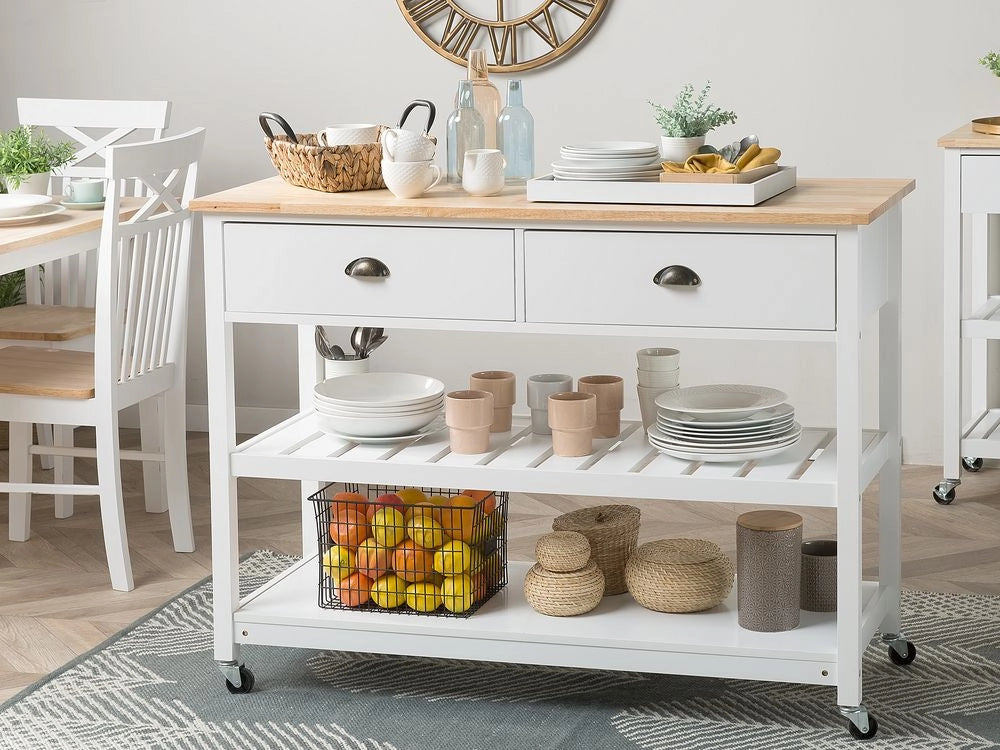 Carrello Cucina Bianco Legno Chiaro Piano 2 Ripiani 2 Posate Cassetti Rotelle Scandinavo Moderno