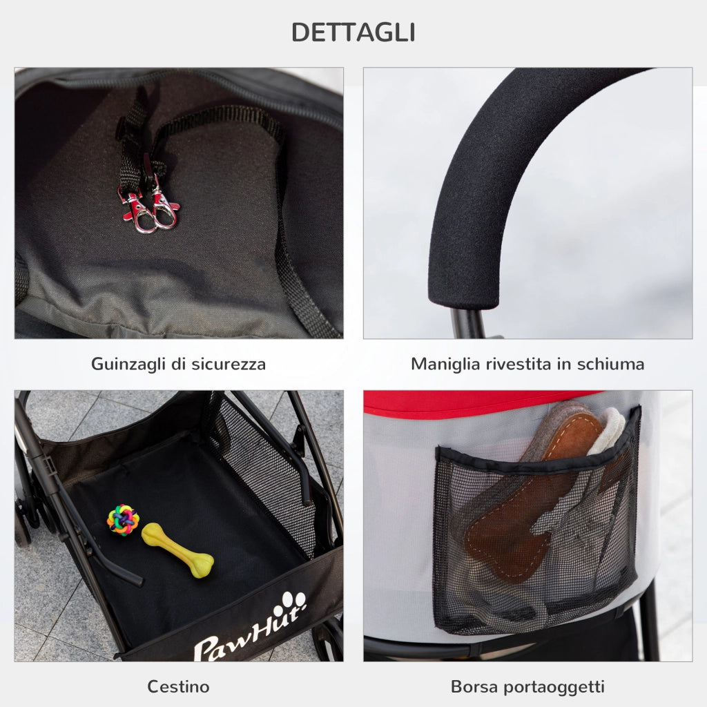 EasyComfort Passeggino per Cani Pieghevole con Trasportino Rimovibile e Tettuccio, 82x49.5x98cm, Rosso