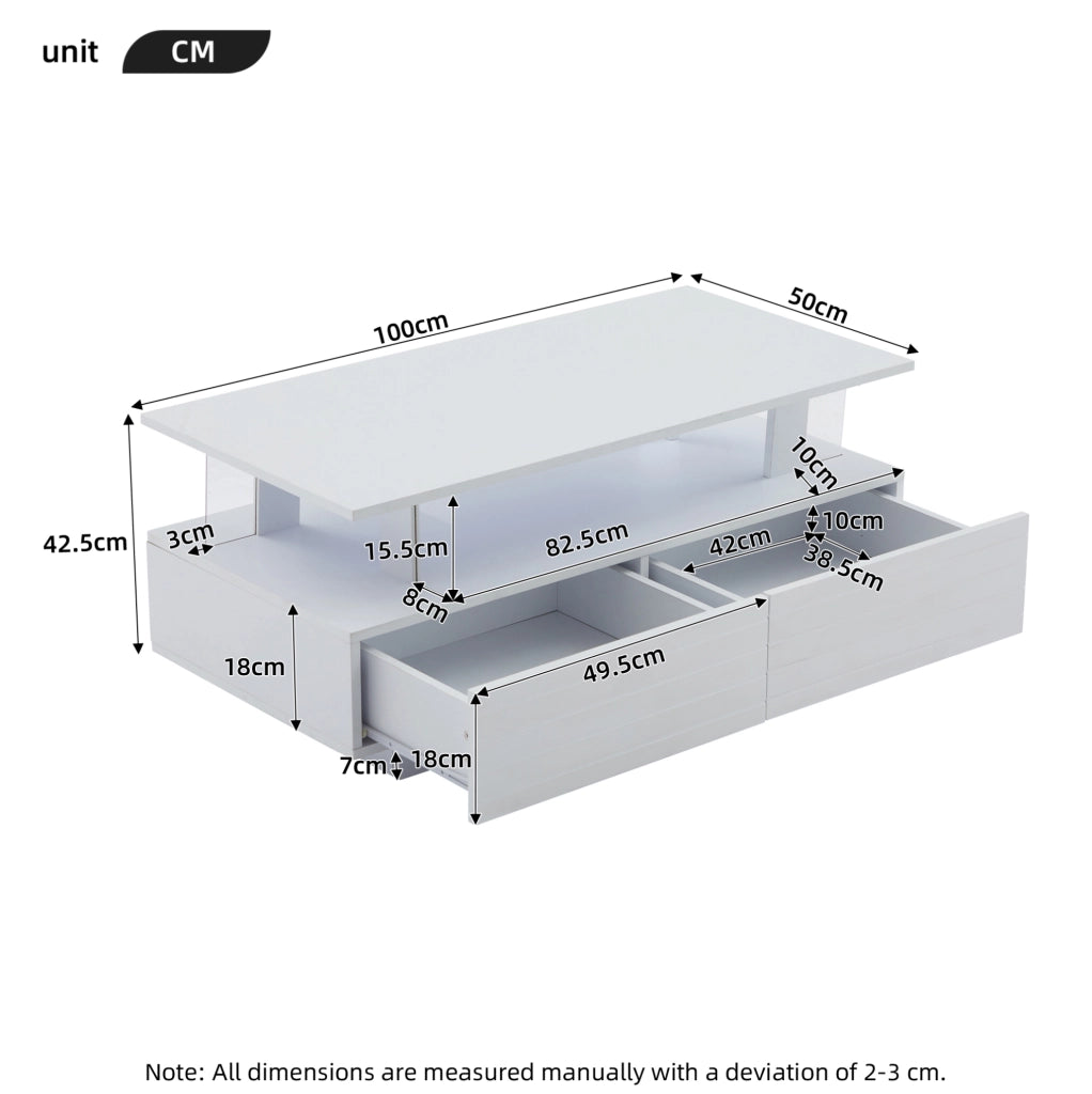 Tavolino da caffè LED bianco moderno con contenitore; 100 x 50 x 42 cm; in truciolare e acrilico