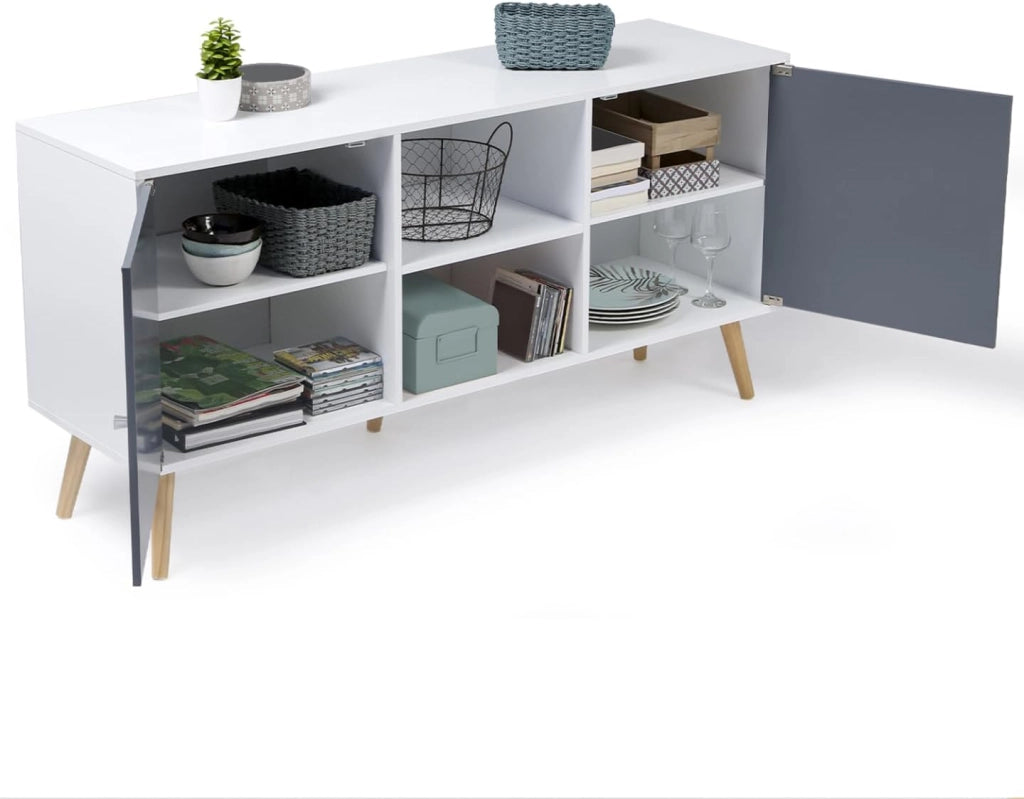 Credenza scandinava bassa EFFIE 140 cm con 2 ante in legno bianco e grigio