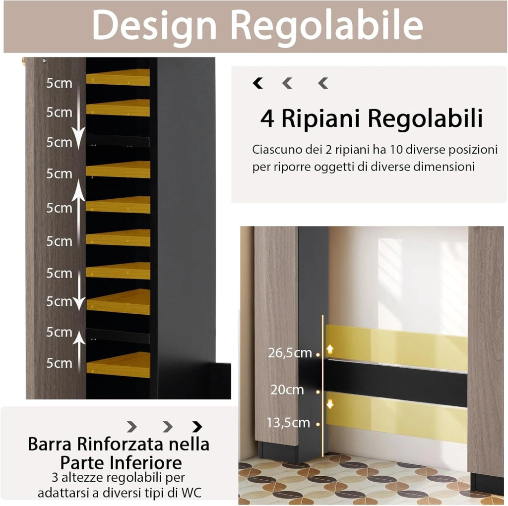 Scaffale Sopra WC 87.5x18x98cm, Mobile per Bagno con Doppia Anta, 2 Scomparti Aperti e 4 Ripiani Regolabili, Armadietto Salvaspazio da Terra per Bagno Lavanderia (Nero)