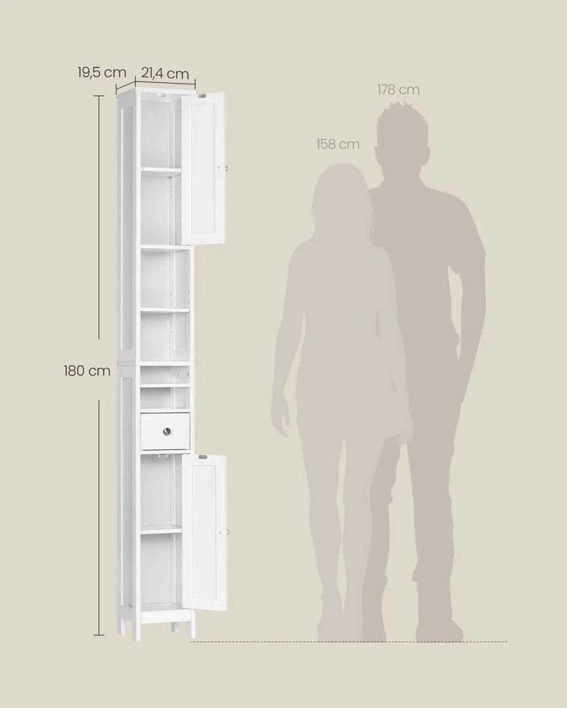 Mobiletto alto da bagno 195 x 214 x 180 cm stretto con ripiani regolabili cassetto e vani a giorno per piccoli spazi moderno bianco 12_0005198