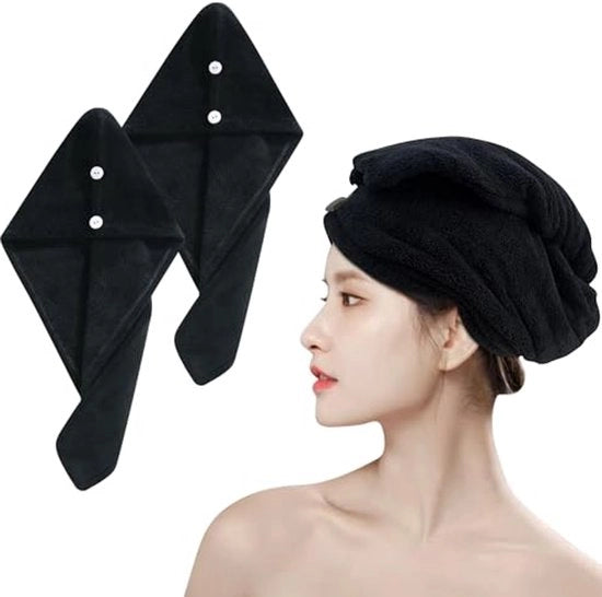 Set di 2 asciugamani microfibra superassorbenti con bottoni per capelli lunghi e bagnati, asciugano velocemente, per donne e bambini, 25 x 65 cm (nero)