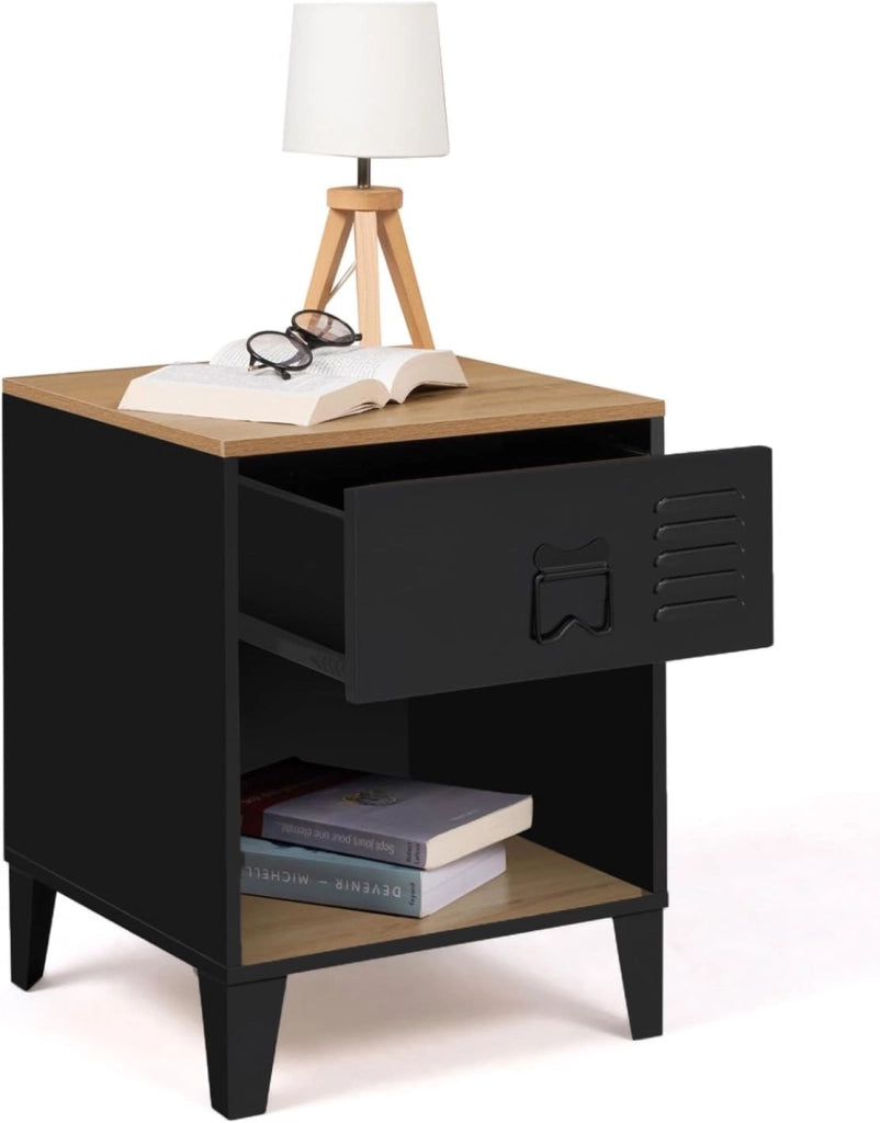 Set di 2 comodini Ester a 1 cassetto in Metallo Nero con nicchia e Piano in faggio in Stile Industriale