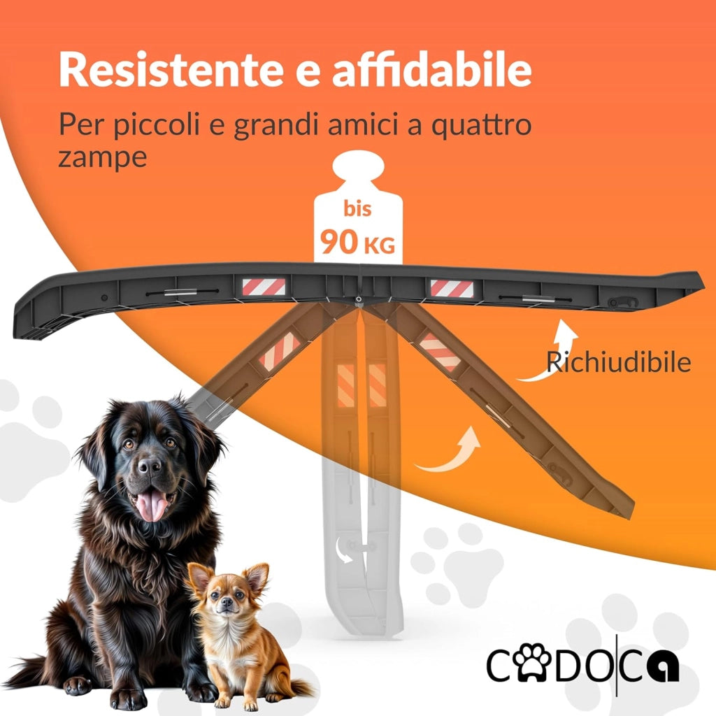 Rampa per Cani Auto Pieghevole Antiscivolo 156x40cm Capacità 90KG con Maniglia di Trasporto Ciotola Catarifrangenti Scivolo Pedana Bagagliaio Rampe