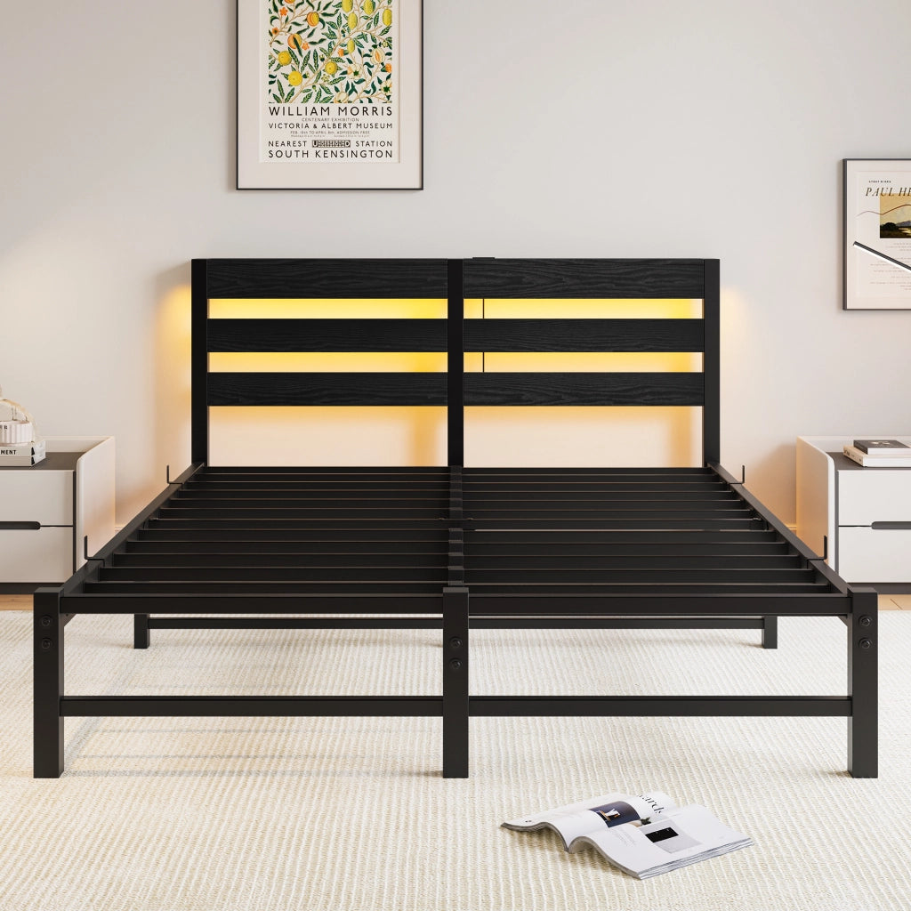 Letto matrimoniale 140x200 cm in metallo e legno nero con LED RGB; USB e vano sottoletto