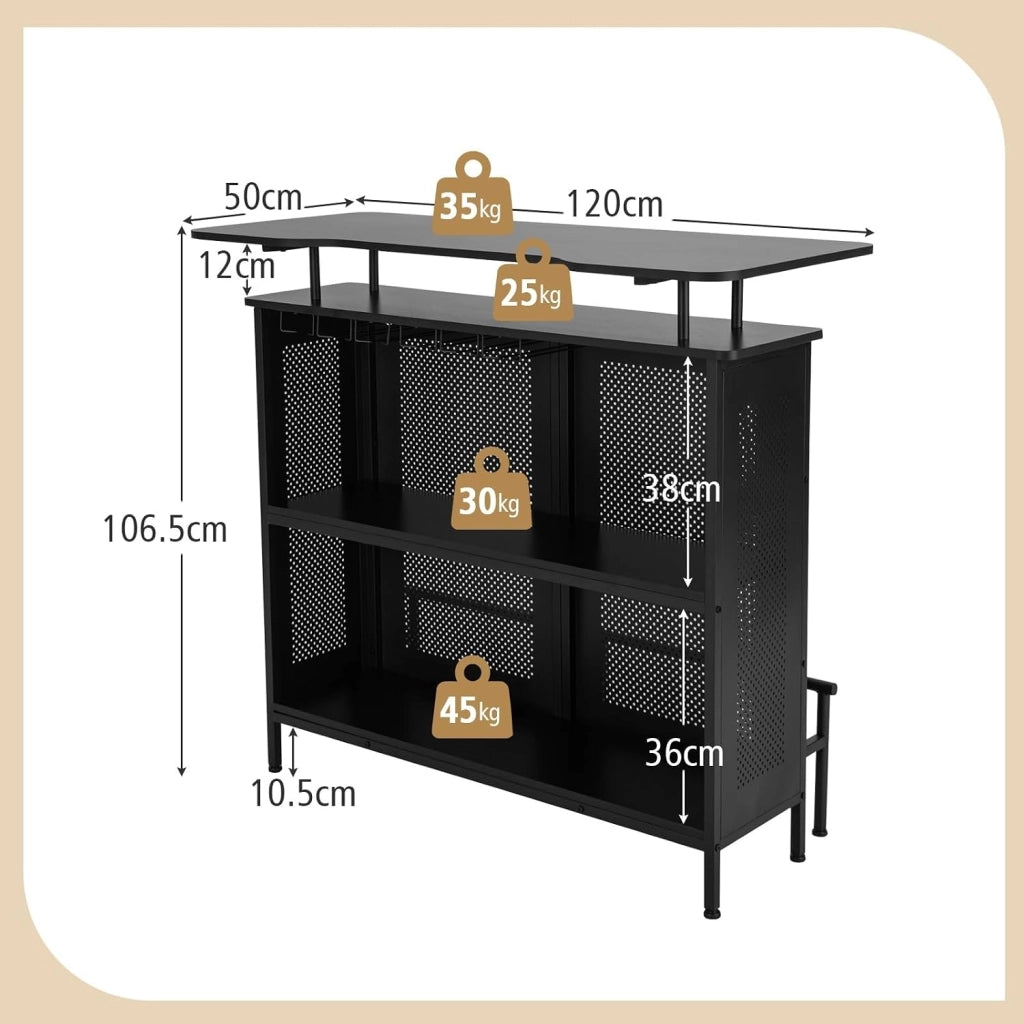 Tavolo da bar con 1 ripiano rialzato e 6 portabicchieri, tavolo da vino a 4 livelli, tavolo da cucina con poggiapiedi in stile industriale, nero, 120 x 50 x 106,5 cm